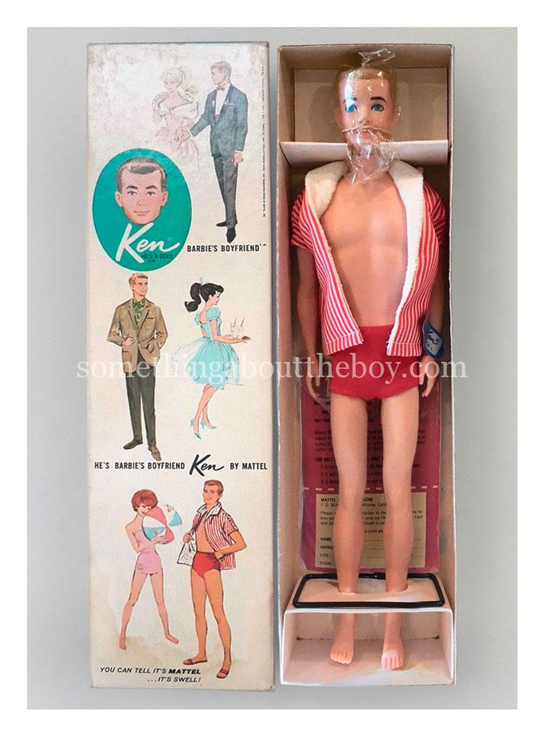 1963 #750 US 'shorty' Ken with original cabana set with trunks and cello bag on head